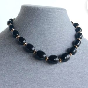 Rare Vintage Signed Napier Black Lucite Oval Beads Gold Tone Spacers Necklace